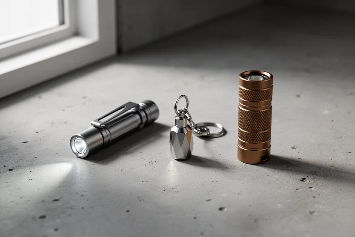 Three small EDC flashlights lined up on a concrete surface