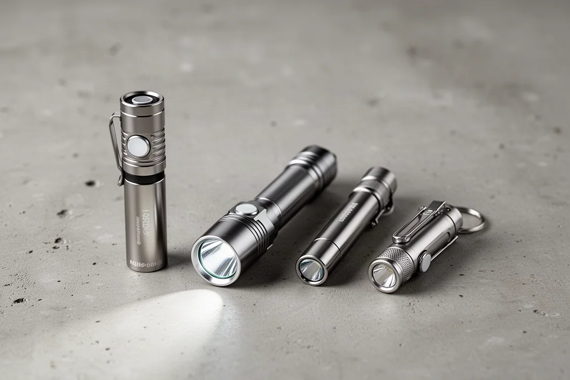 Quattro torce EDC metalliche compatte disposte su una superficie in cemento