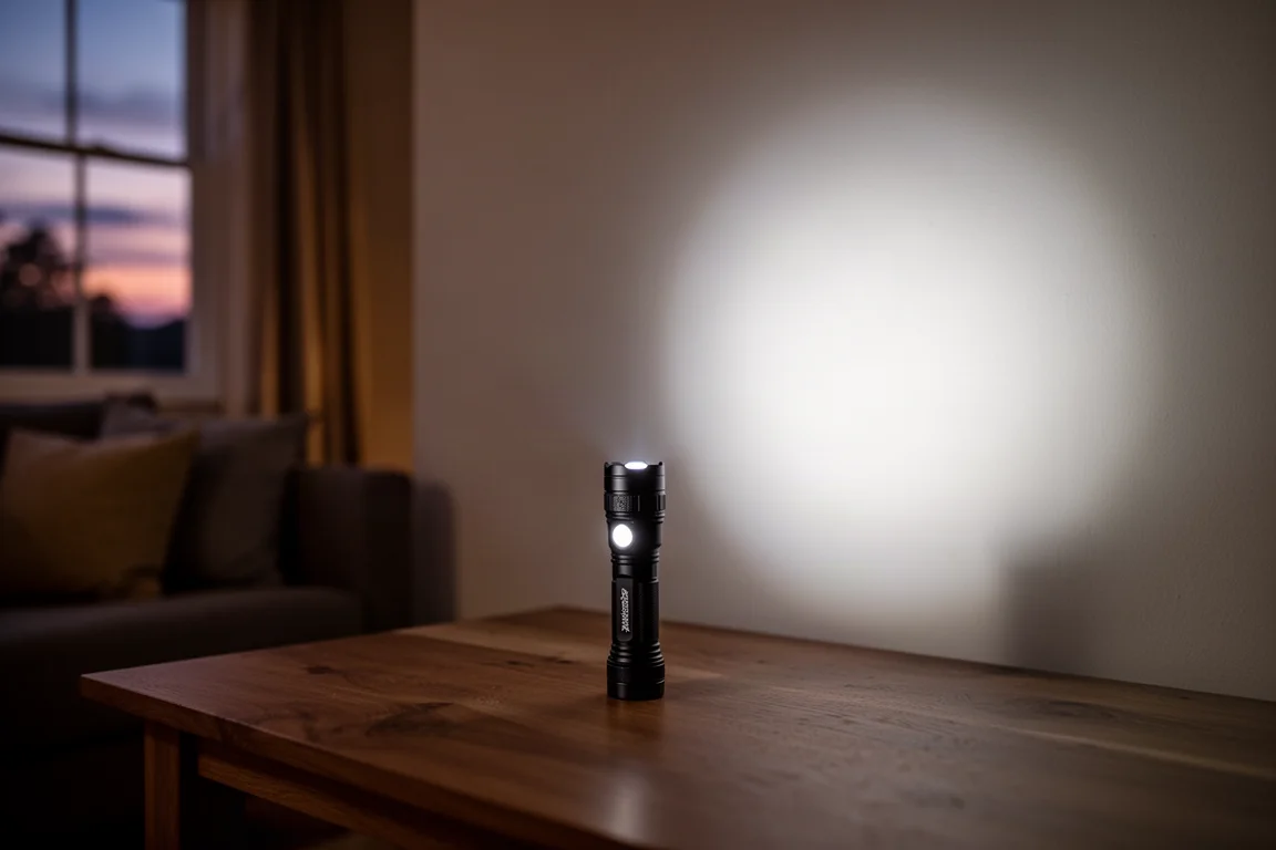 Der Lichtstrahl einer Taschenlampe erleuchtet einen dunklen Wanderpfad