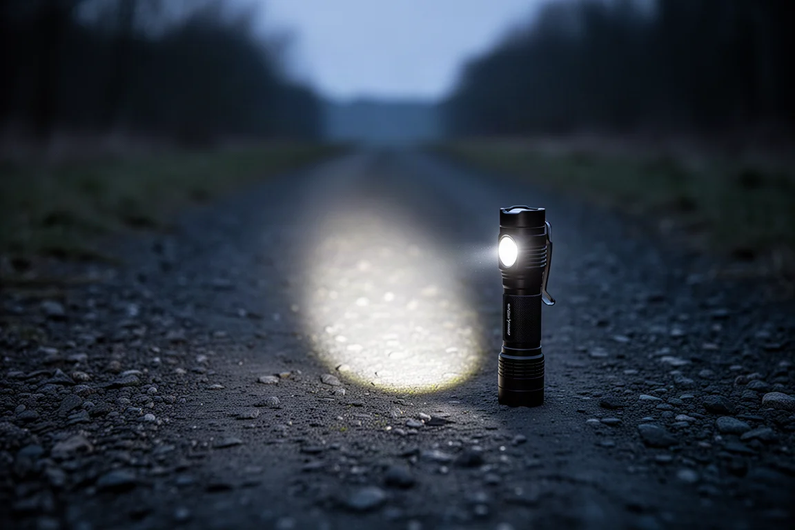 Linterna compacta proyectando un haz brillante y enfocado sobre un camino oscuro