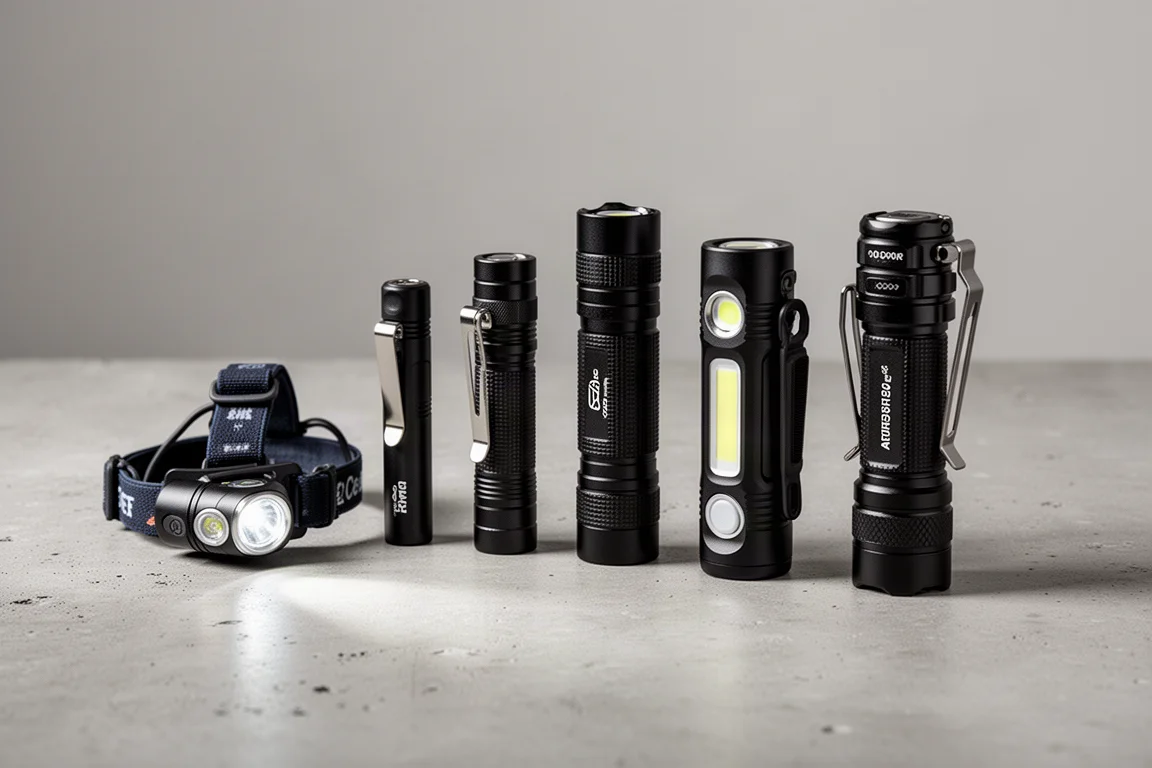 Sechs kompakte EDC-Taschenlampen in einer Reihe auf einer Betonoberfläche angeordnet