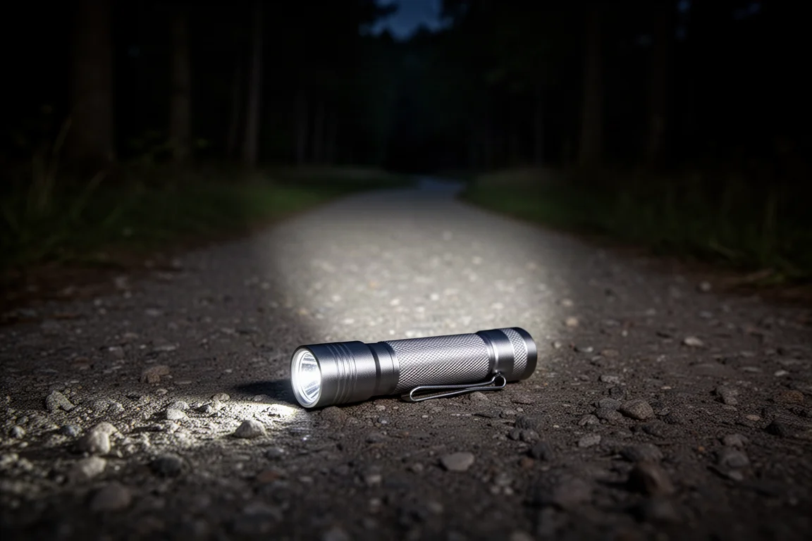 Linterna de bolsillo apoyada en un camino de grava de noche con un suave resplandor de haz