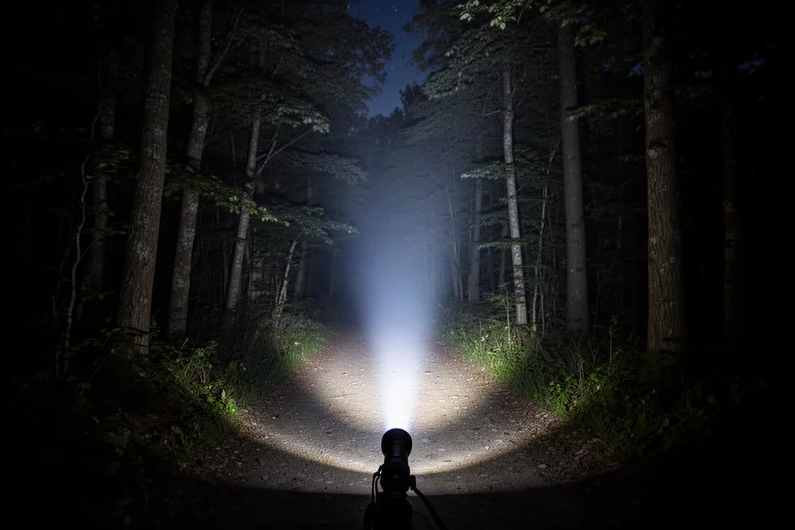Haz de linterna atravesando un sendero oscuro de bosque con un hotspot amplio