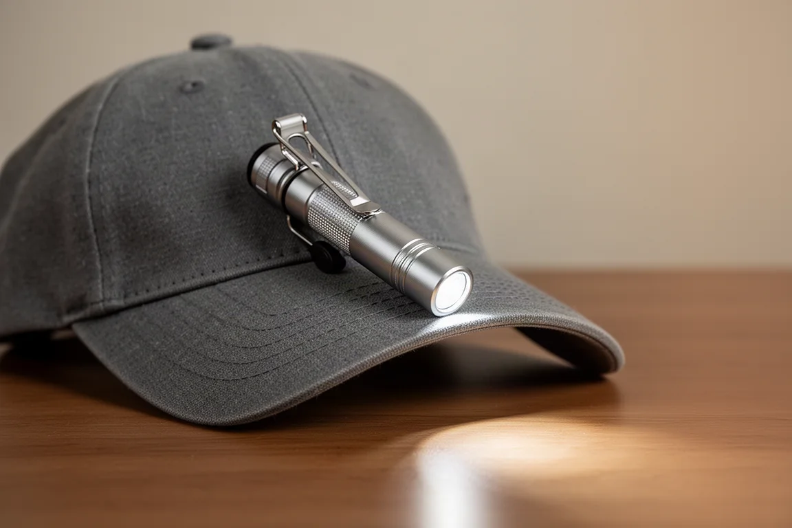 Compacte EDC-zaklamp aan een pet geklemd voor gebruik zonder handen