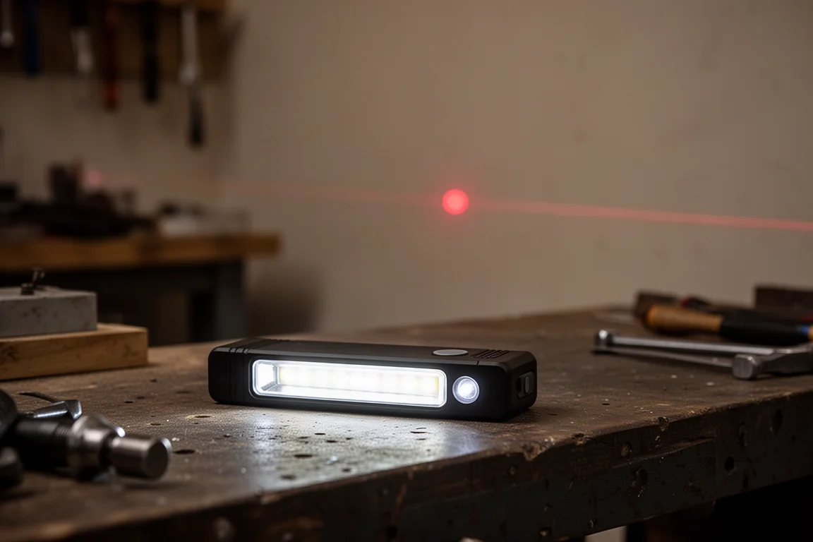 Platte rechthoekige zaklamp met een momentane laserstip zichtbaar op een ver oppervlak