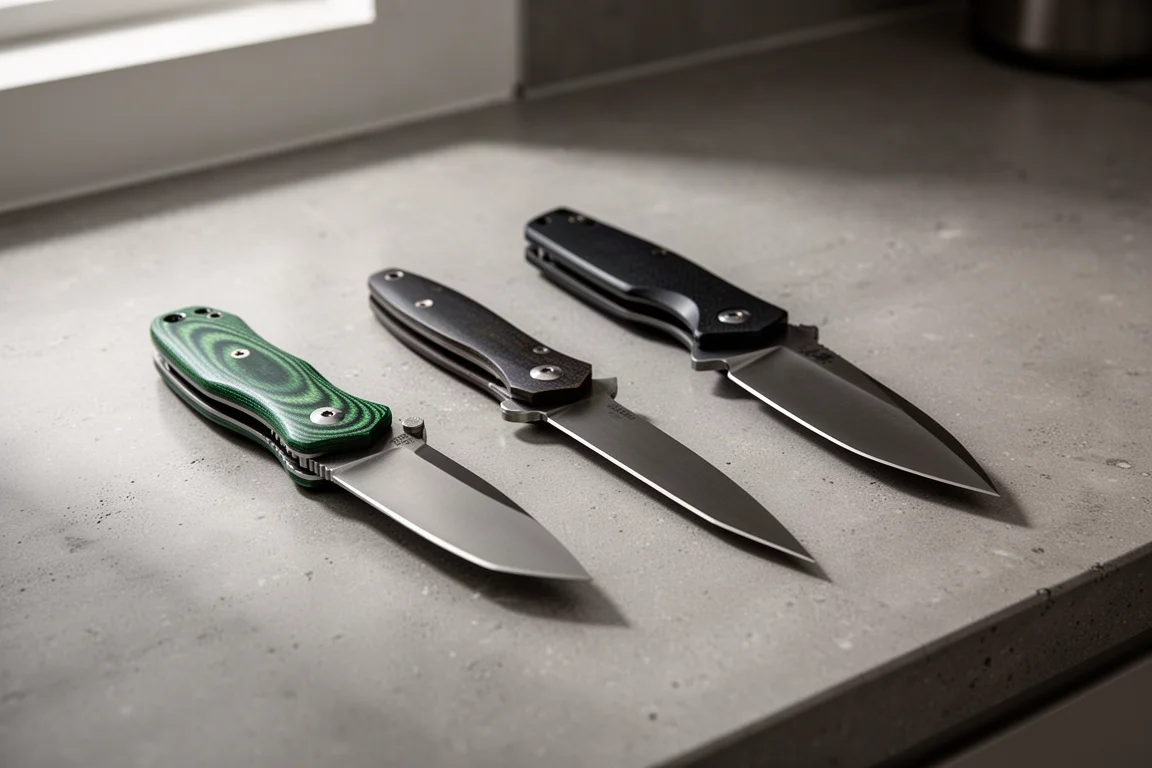 Tre coltelli EDC pieghevoli disposti affiancati su un bancale in cemento