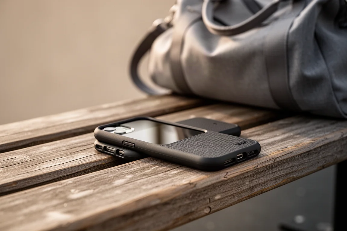 Smartphone i ett strukturerat svart skal på en träningsbänk bredvid en ryggsäck