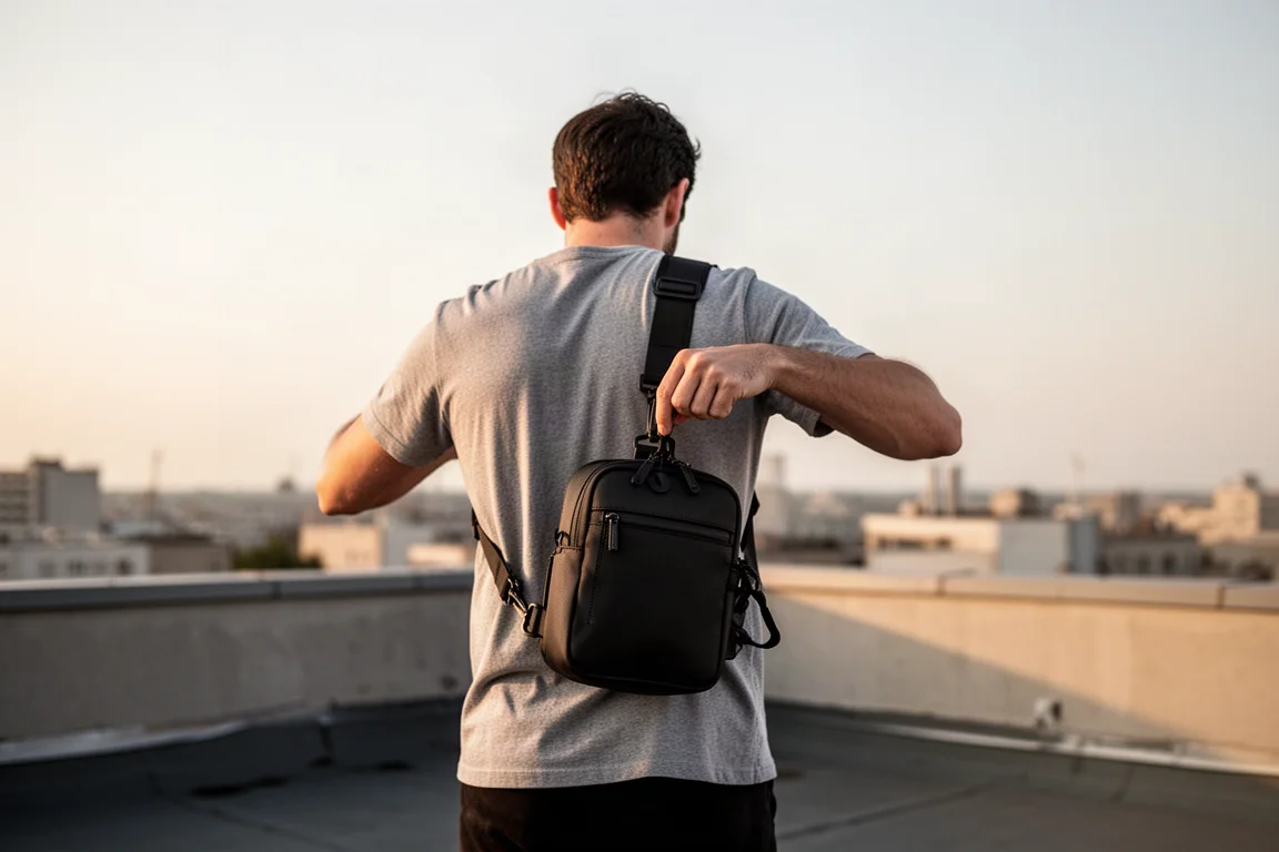Fotograf som sträcker sig in i en kompakt slingbag en ljus filmdag