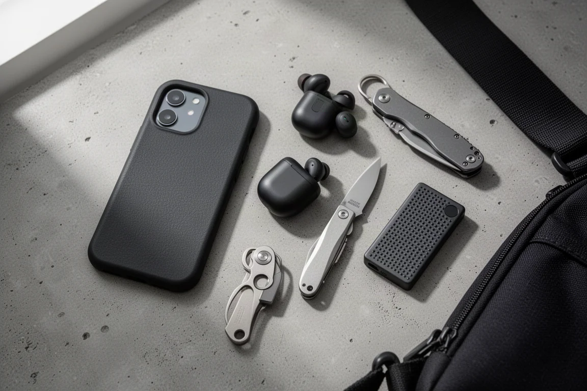 Disposizione flat-lay di attrezzatura everyday carry per creator su una superficie in cemento