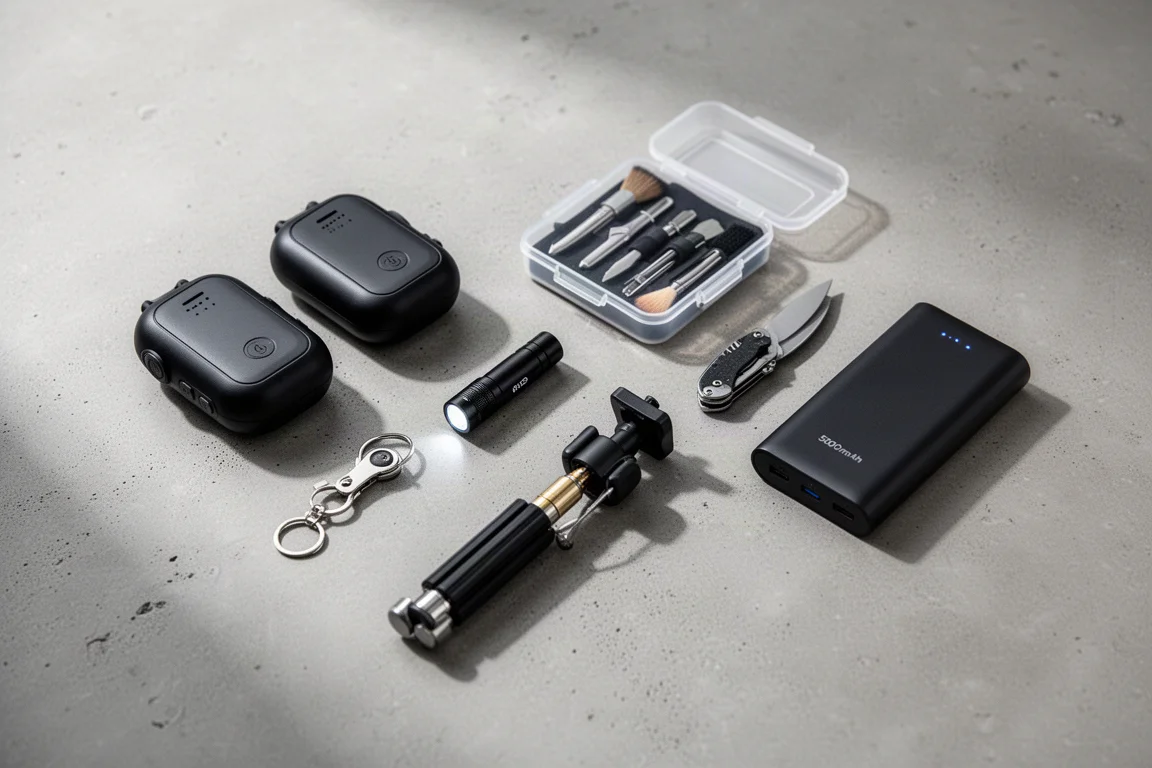 Composizione flat-lay di otto piccoli gadget da everyday capture disposti su una superficie di cemento