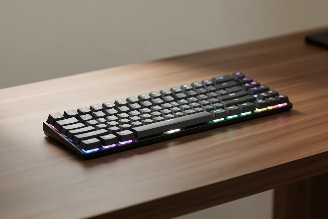 ミニマルな机に置かれた薄型ロープロファイルメカニカルキーボード