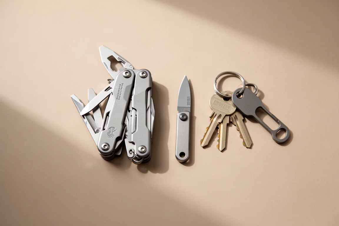 Multitool i mały nóż narzędziowy na drewnianym biurku obok kluczy