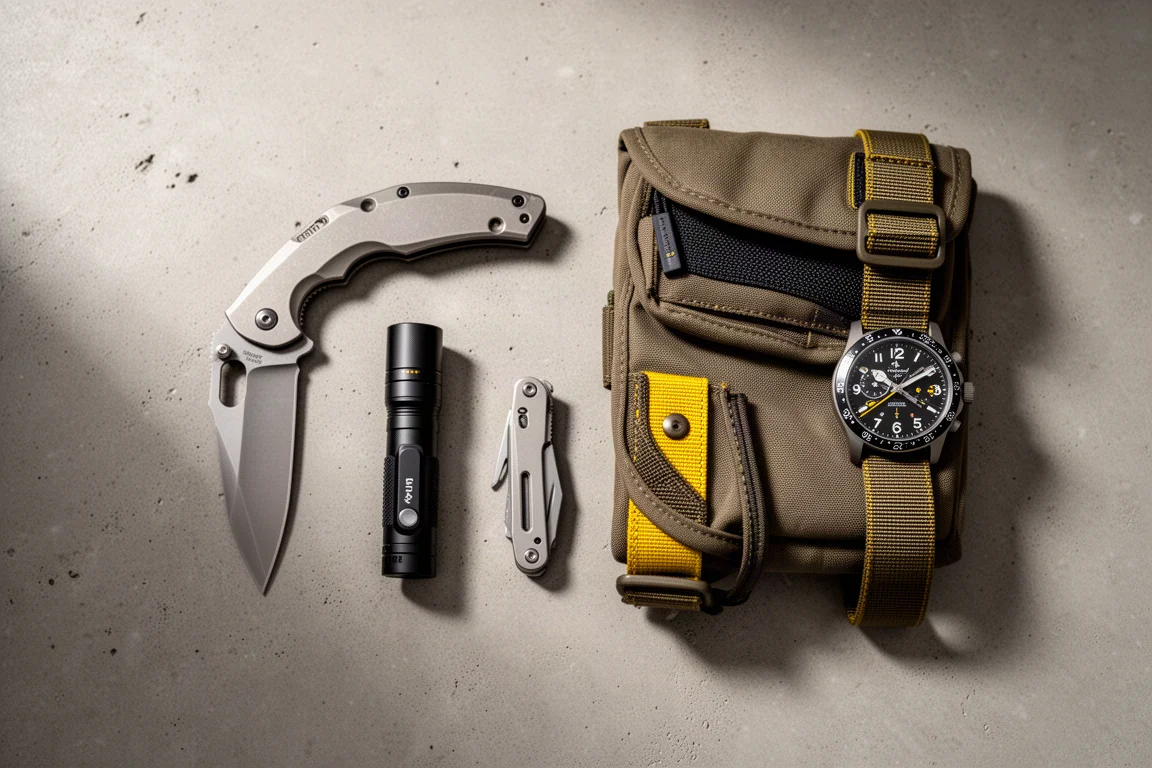 Flat-lay di equipaggiamento everyday carry con coltello, torcia, multitool, borsa e orologio su cemento