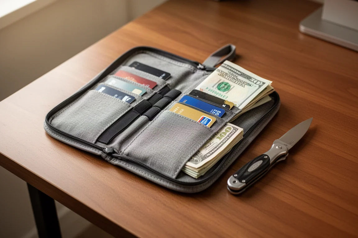 Geopend everyday carry-etui met kaarten, contant geld en kleine tools op een bureau