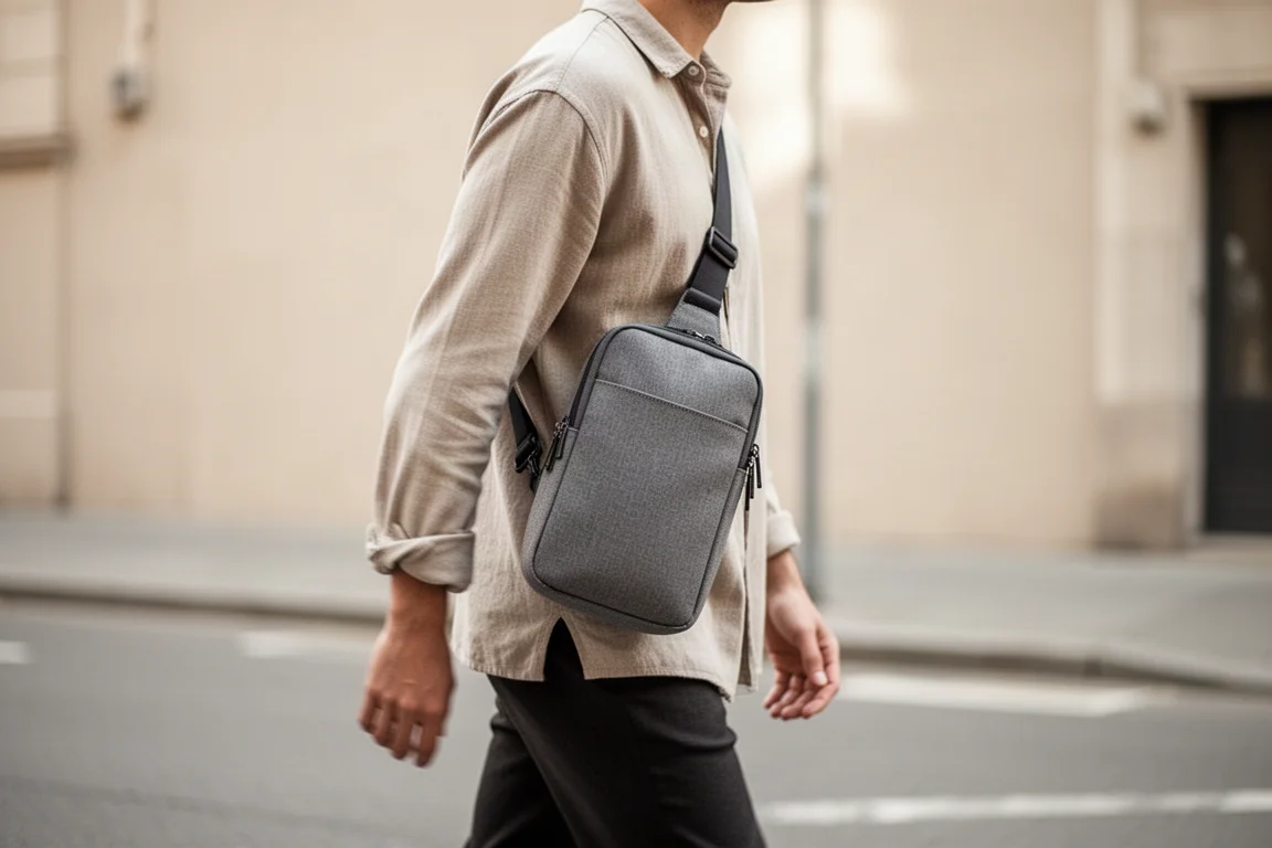 Slanke travel sling over het lichaam gedragen in een stadstraat