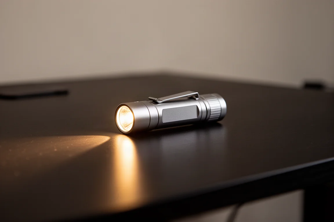 Platte zakzaklamp die een warme lichtbundel op een donkere tafel werpt
