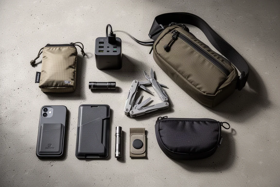 Everyday carry gear laid out on a concrete surface including a pouch, charger, multi-tool, sling, flashlight and wallet
