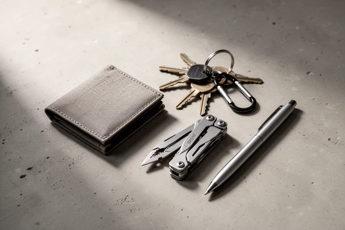 Everyday-Carry-Ausrüstung flach ausgelegt auf einer Betonfläche