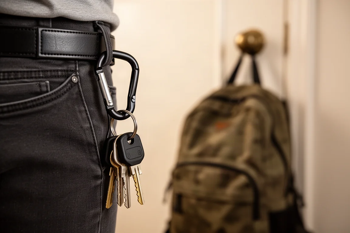 Schlüssel, die an einem Karabiner hängen, der an einer Gürtelschlaufe eingeklemmt ist