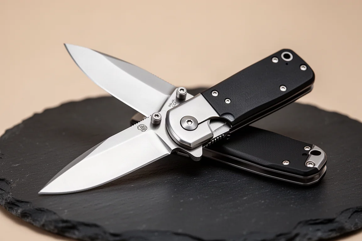 Stählernes Taschenklappmesser, teilweise geöffnet, auf dunkler Oberfläche