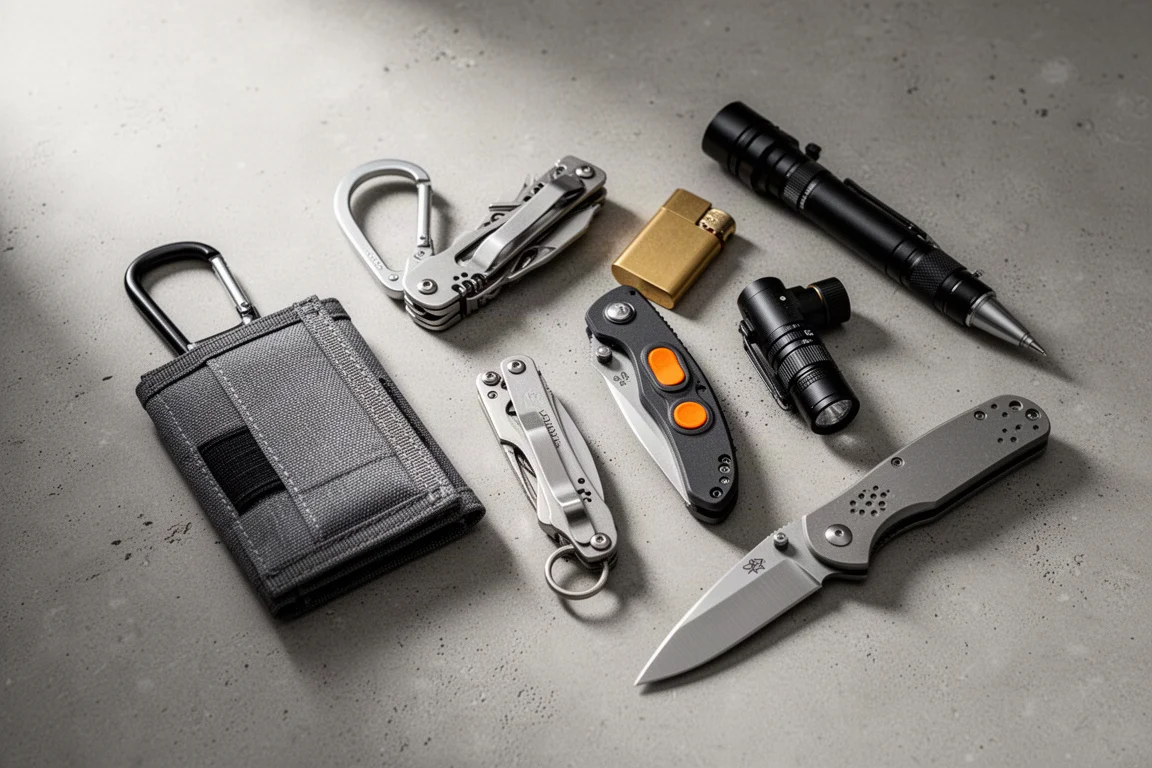 Flat-lay of everyday carry gear including wallet, knife, lighter, and flashlight on concrete
