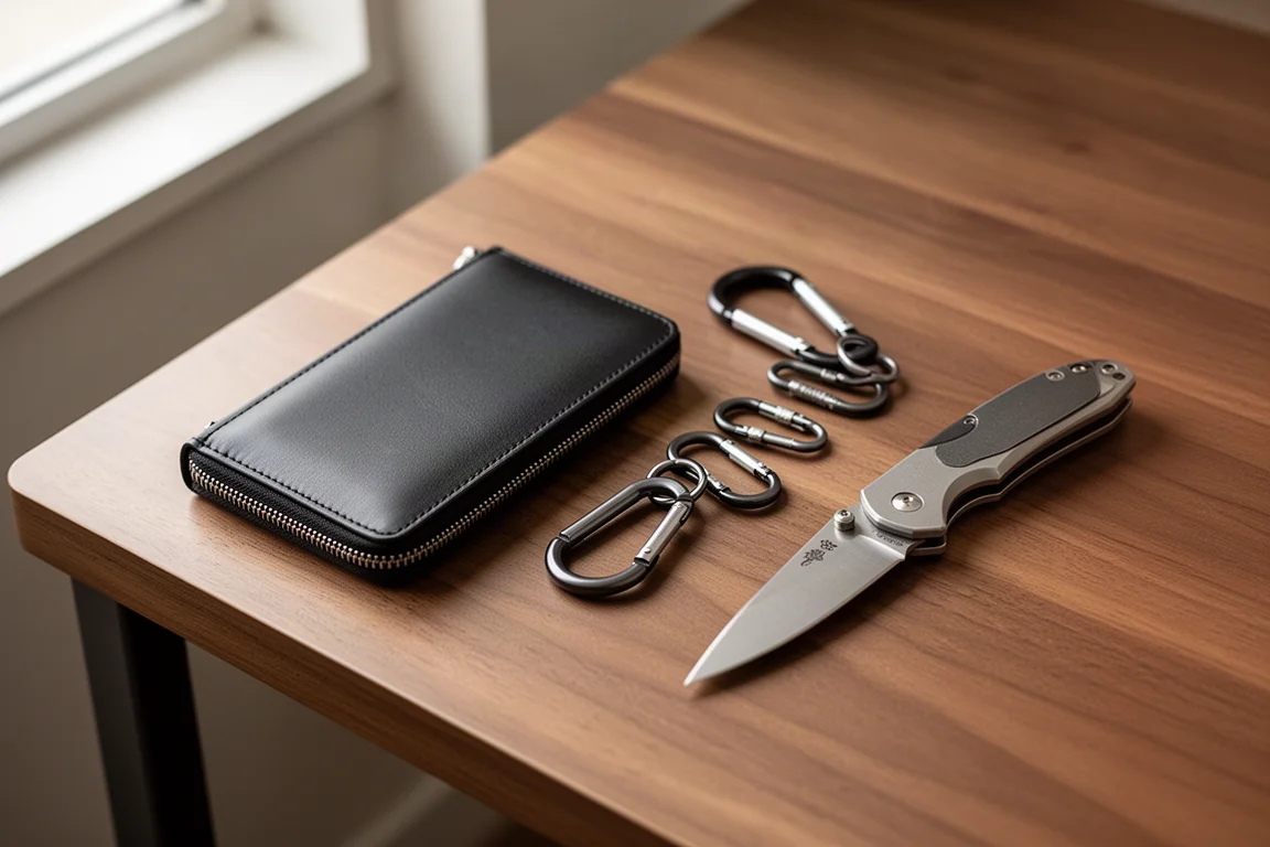 Flat-Lay mit Everyday-Carry-Items wie Geldbörse, Schlüsseln und kleinen Tools auf Holz