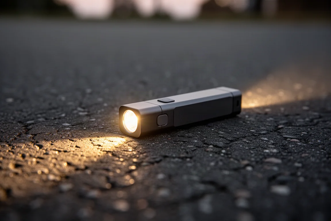 Schlanke Taschenlampe wirft einen hellen Lichtkegel auf eine dunkle Oberfläche