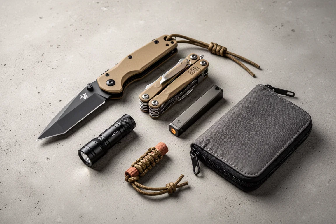 Flat-lay of everyday carry gear including knife, multi-tool, flashlight, and wallet on concrete