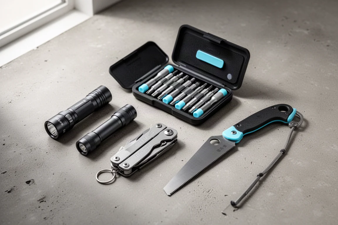 Everyday carry gear arranged on concrete: flashlights, mini ratchet set, multi-tool, and pull saw