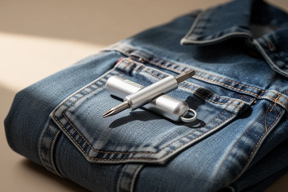 Compact aluminium pocket screwdriver resting on a denim jacket pocket
