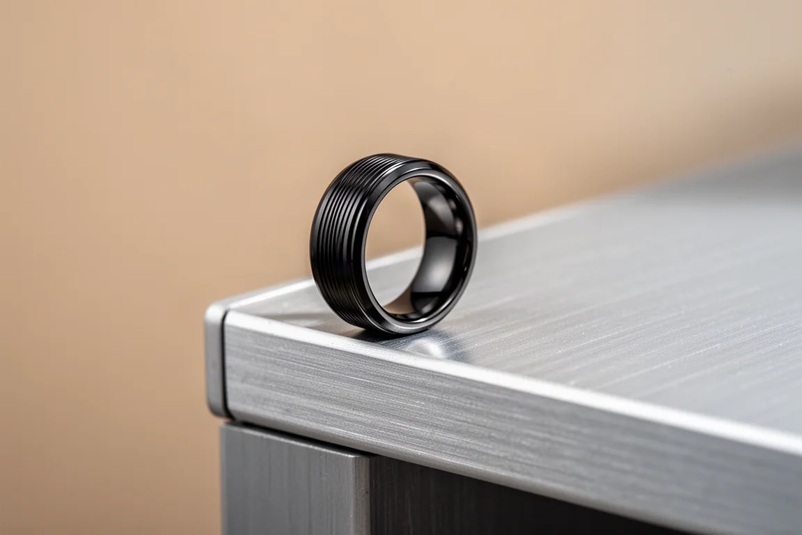 Close-up of a textured stainless steel finger ring on a desk edge