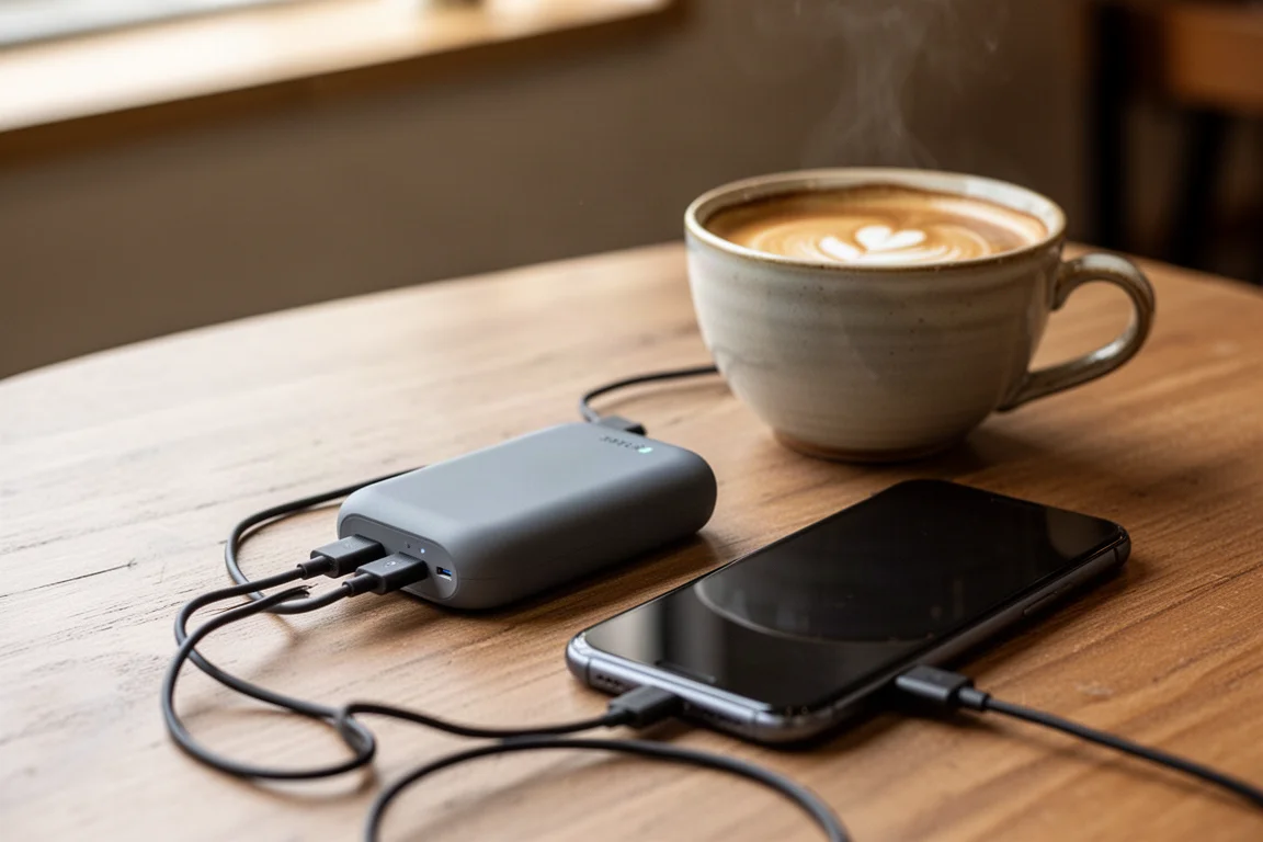 Mini power bank connected to a phone on a coffee shop table