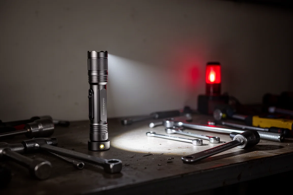 Compact flashlight casting a broad white beam in a dim space