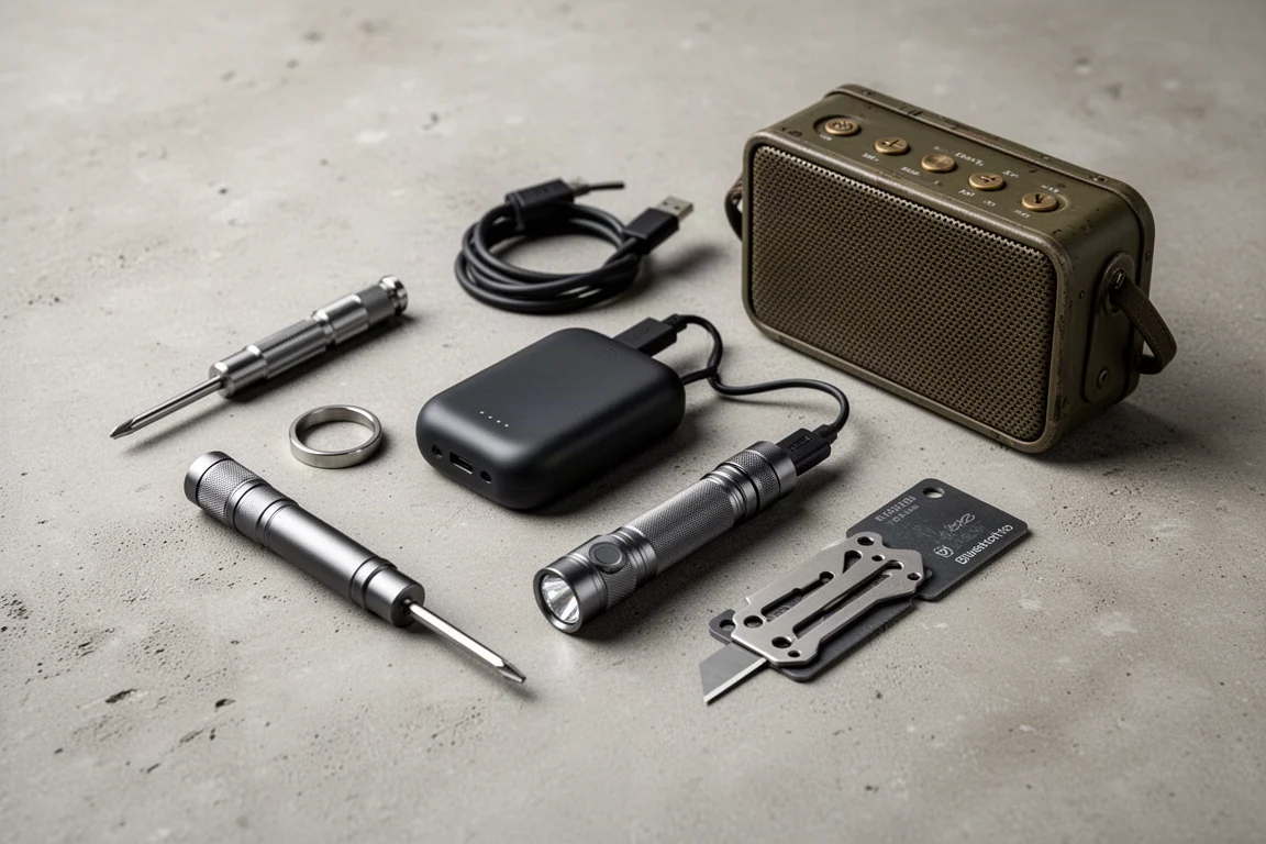 Sette strumenti e gadget compatti da everyday carry disposti su una superficie di cemento