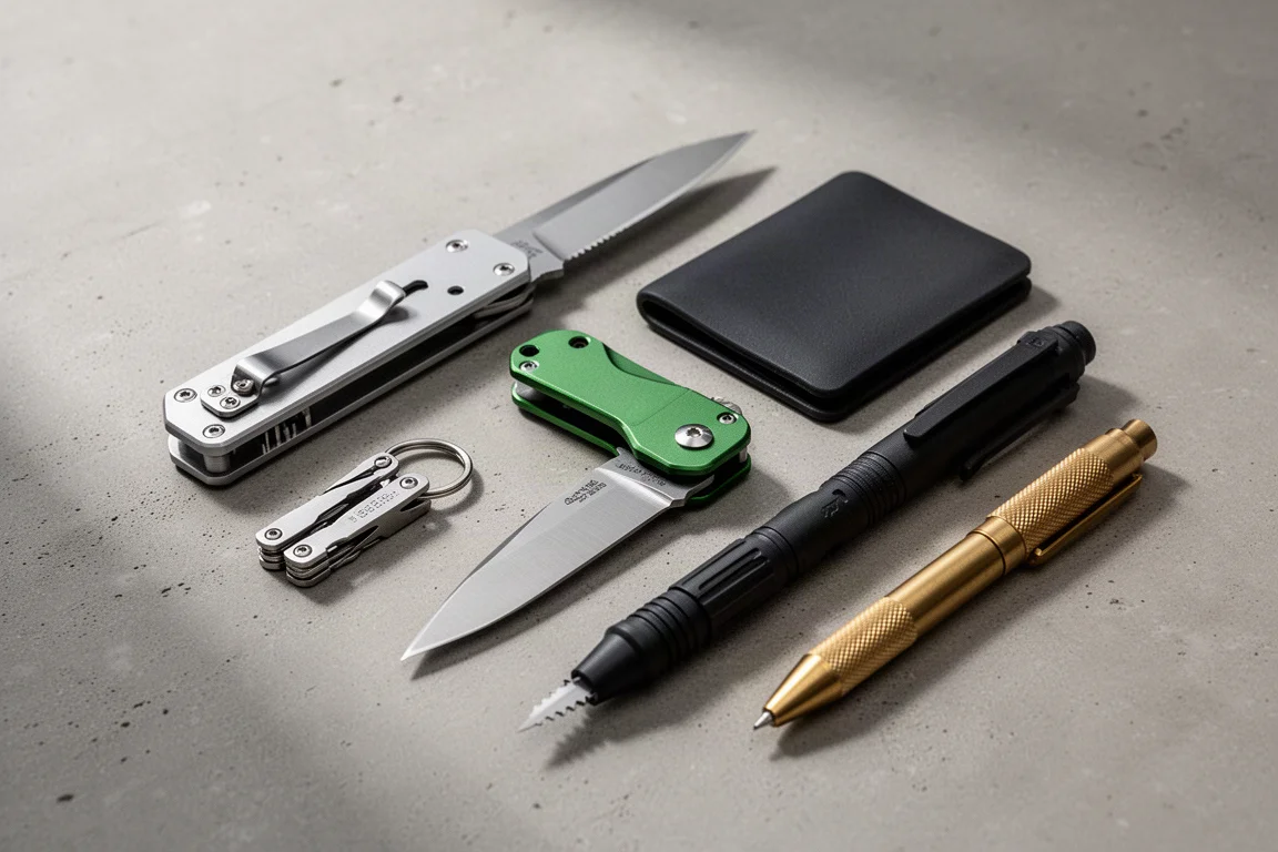 Composizione flat-lay di oggetti da everyday carry, tra cui un coltello chiudibile, penne, portafogli e attrezzi portachiavi su cemento