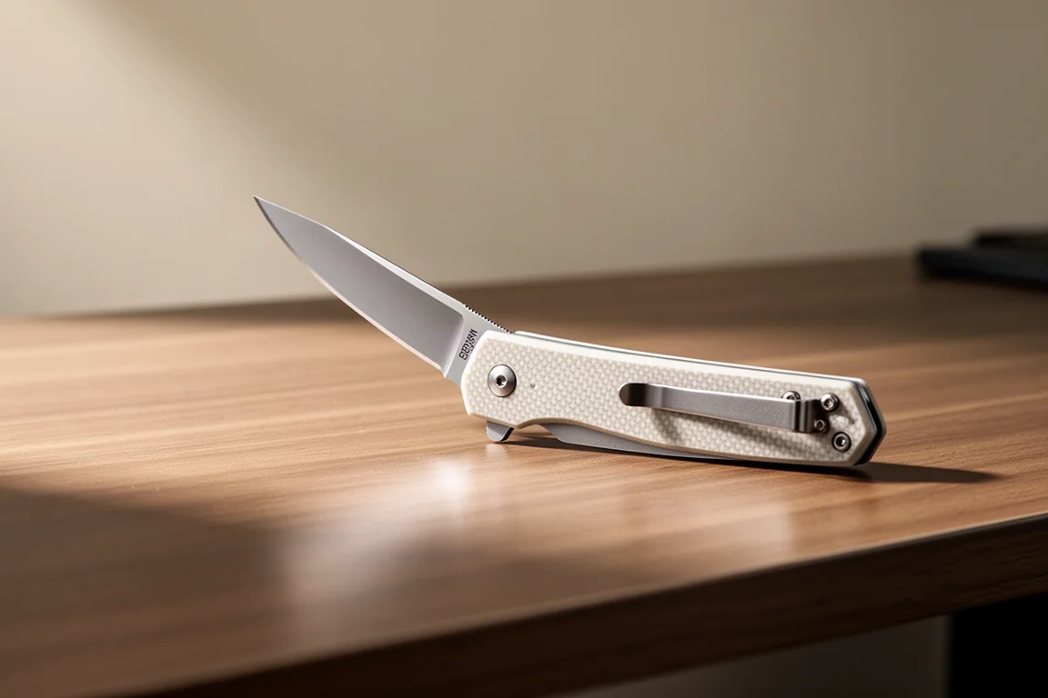 Un coltello pieghevole sottile, parzialmente aperto, su una superficie in legno
