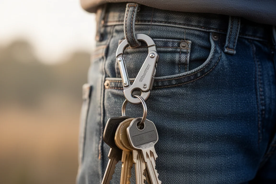 Un piccolo moschettone multi-tool in titanio agganciato al passante dei pantaloni con le chiavi