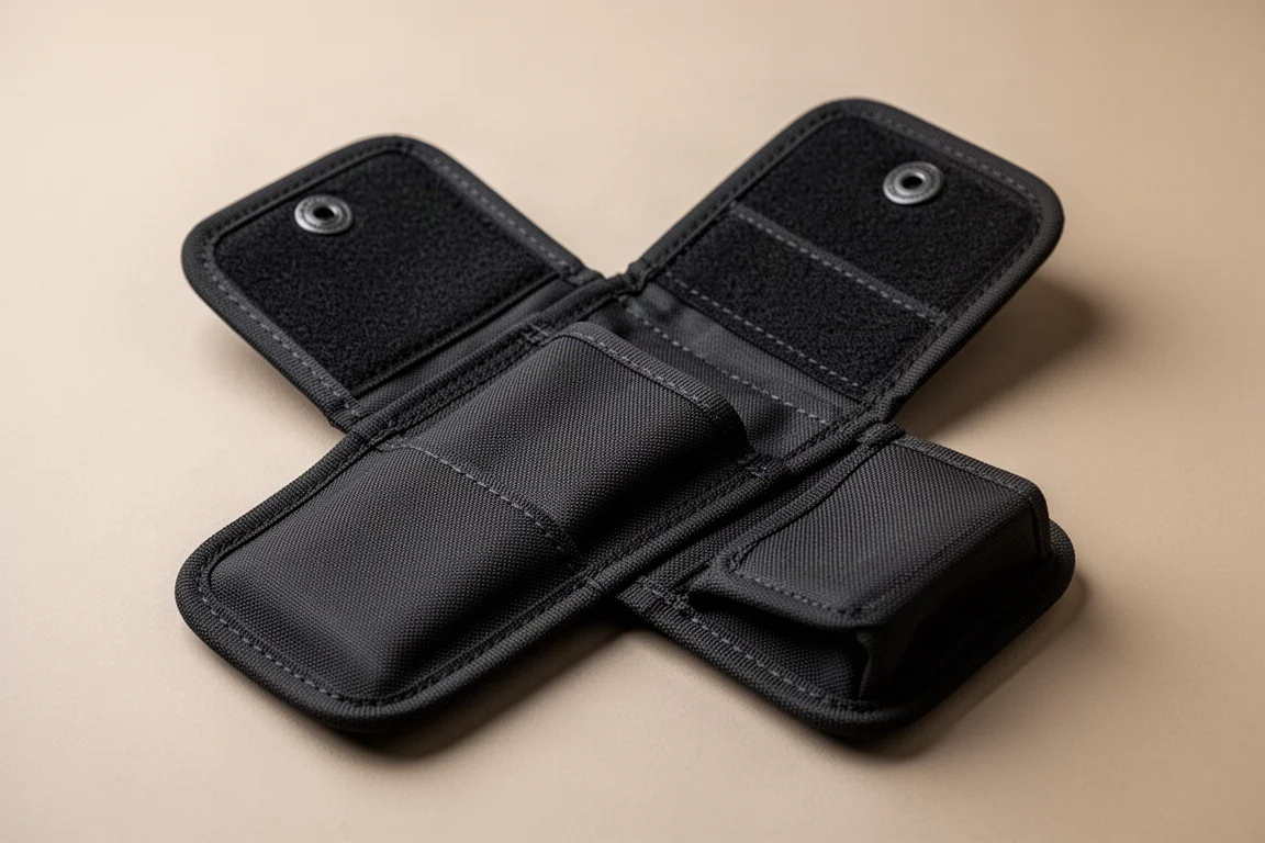 Una fondina nera in nylon per multi-tool con chiusura magnetica, aperta su un tavolo