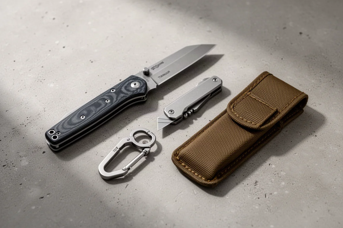 Una composizione di strumenti everyday carry disposti su una superficie di cemento