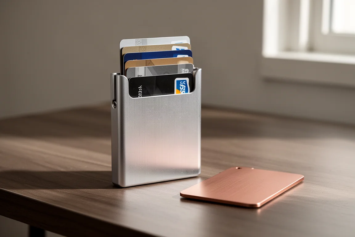 Portafoglio in alluminio minimalista su una scrivania con le carte a ventaglio fuori dalla parte superiore