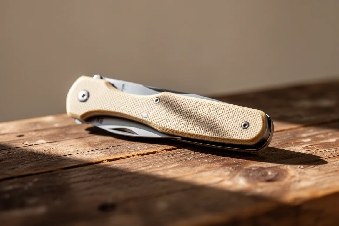 Persona che apre un coltello tascabile slip joint su un tavolo di legno