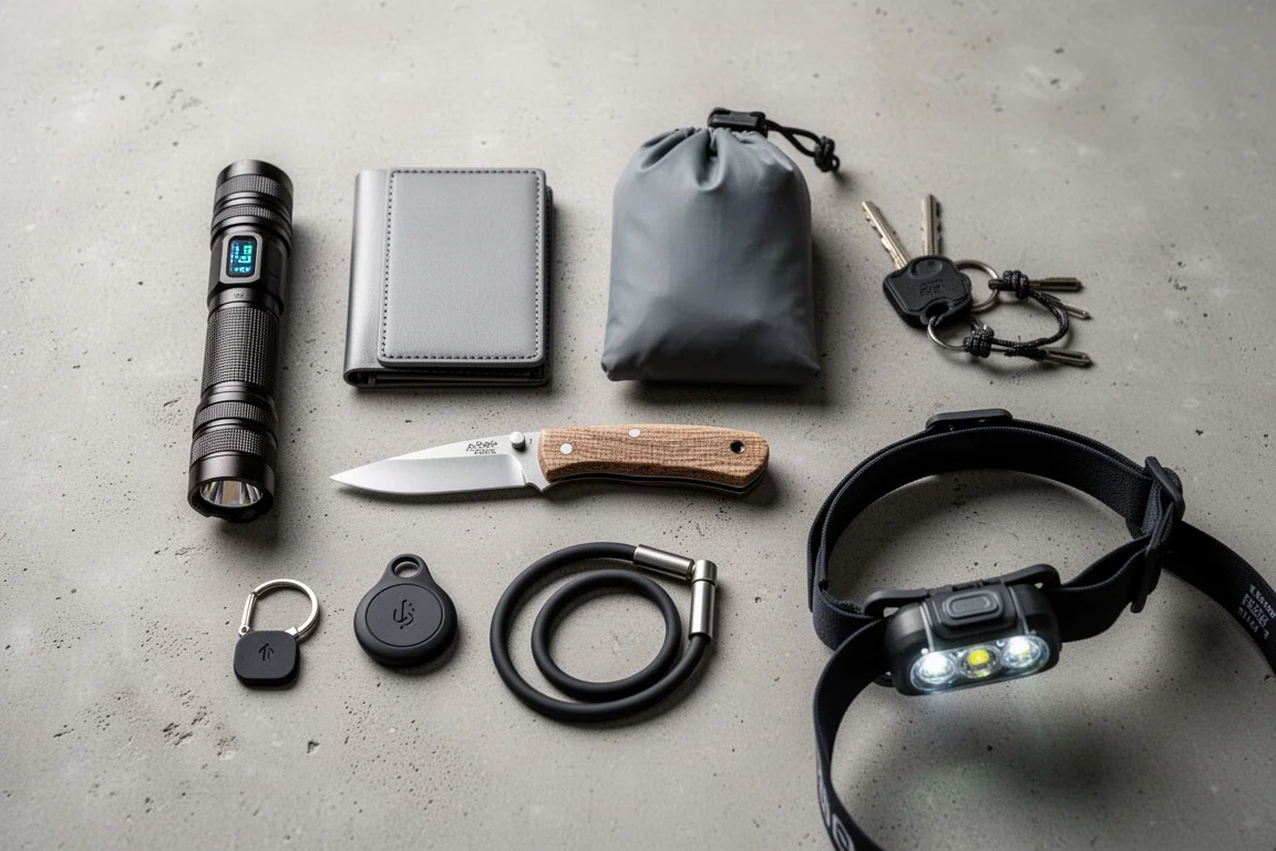 Otto prodotti everyday carry, tra cui una torcia, un portafoglio, una sacca asciutta, un coltello, un portachiavi, un tracker, una cinghia e una frontale disposti sul cemento