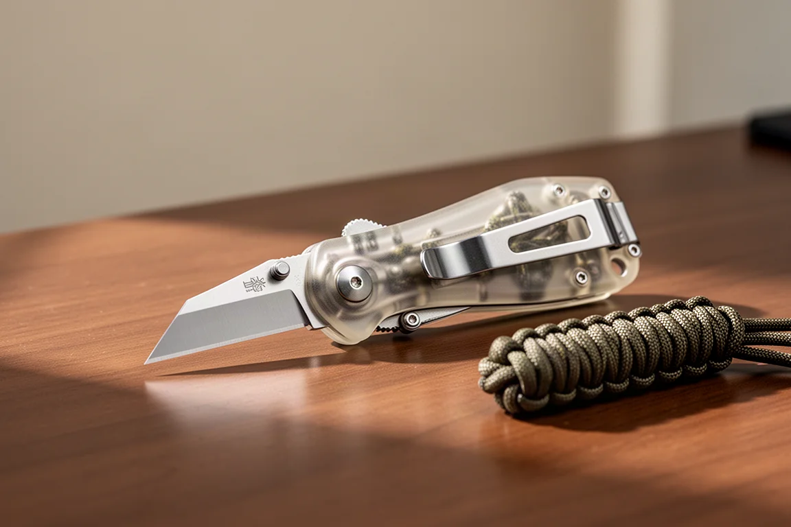 Kompaktes Utility-Messer auf einem Holztisch neben einer aufgewickelten Schnur