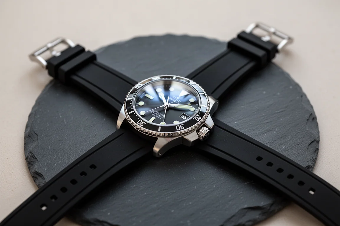 Automatik-Taucheruhr an einem Silikonarmband auf dunklem Stein liegend