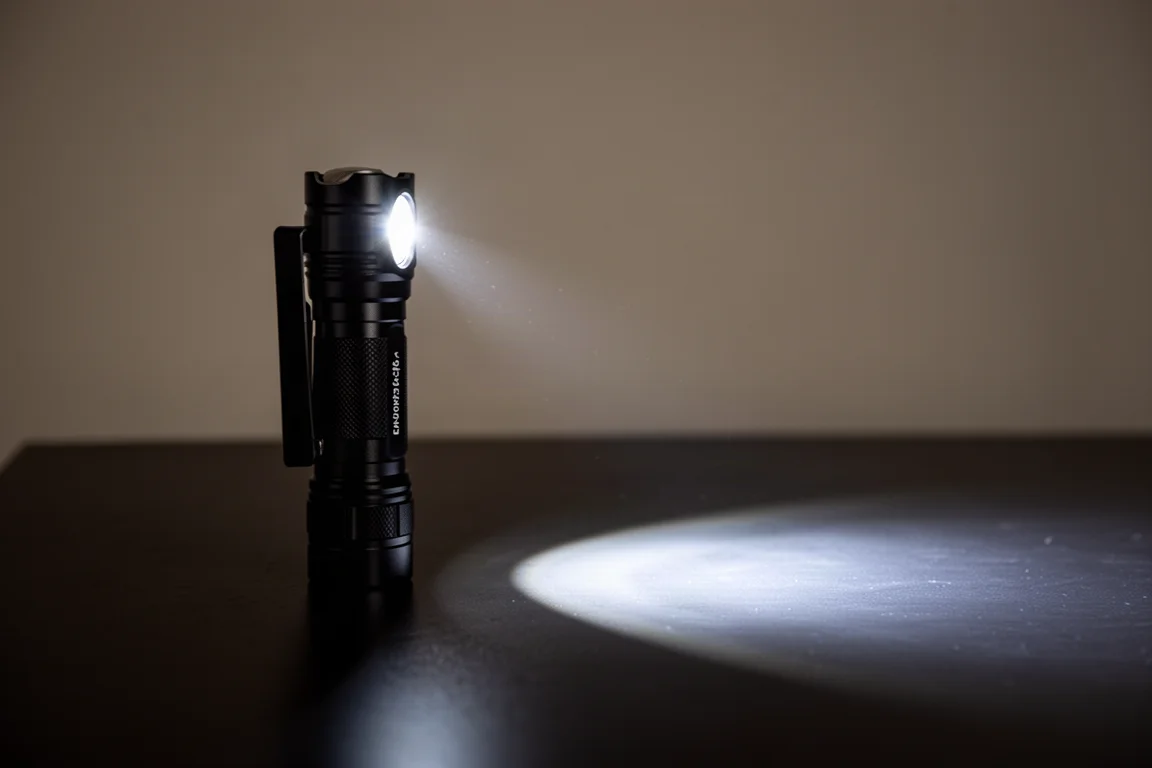 AA 電筒在夜間射出明亮光束,橫照深色桌面