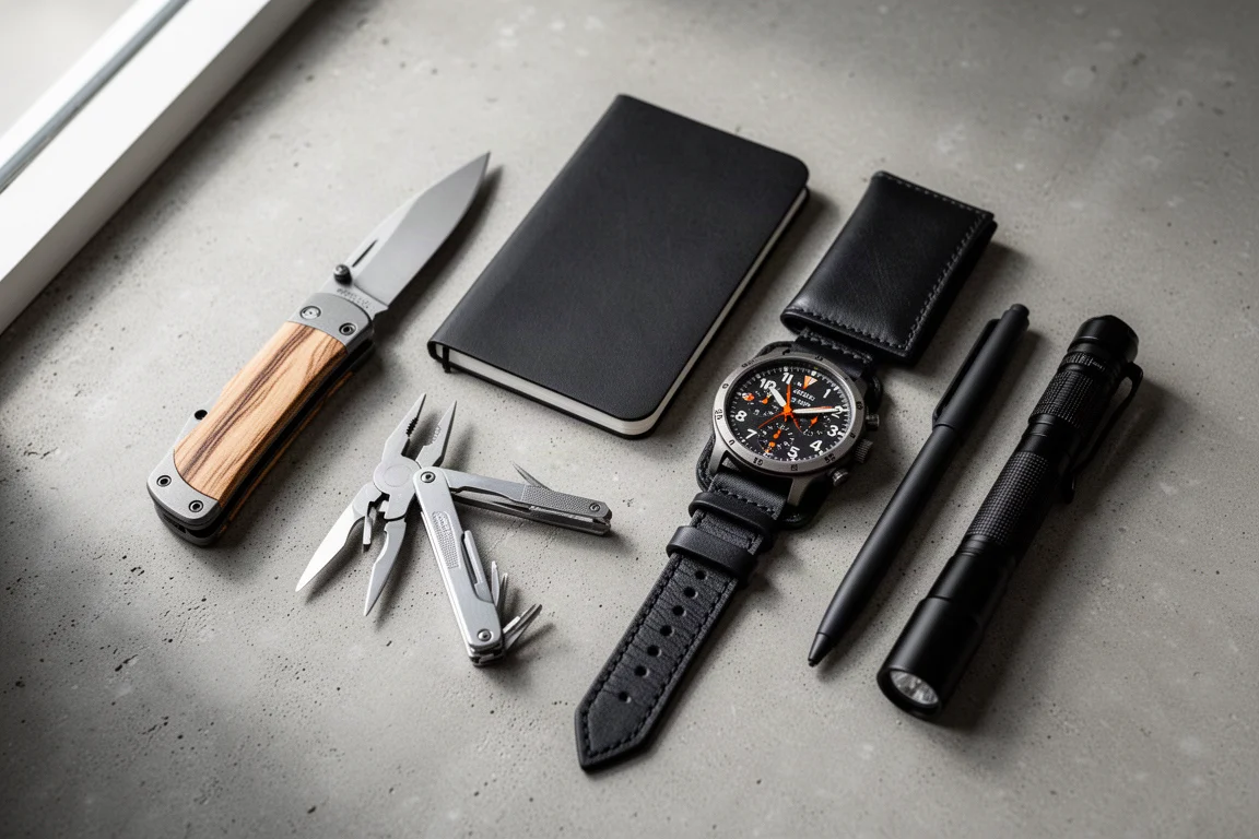 Flat-Lay von Everyday-Carry-Objekten, darunter Messer, Multi-Tool, Notizbuch, Brieftasche, Uhr, Stift und Taschenlampe