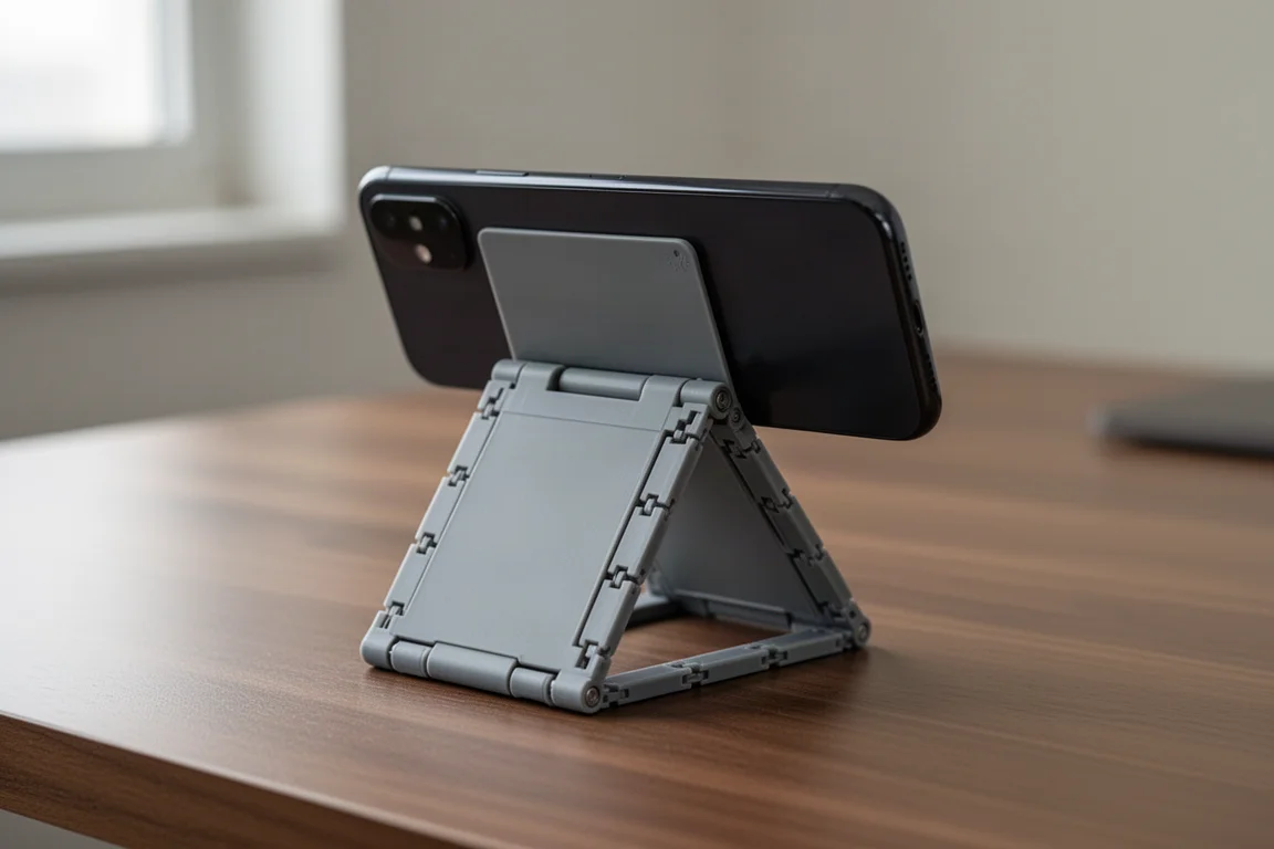 Handystativ in Kreditkartengröße, auf einem Schreibtisch ausgeklappt und haltet ein Smartphone in einem Winkel