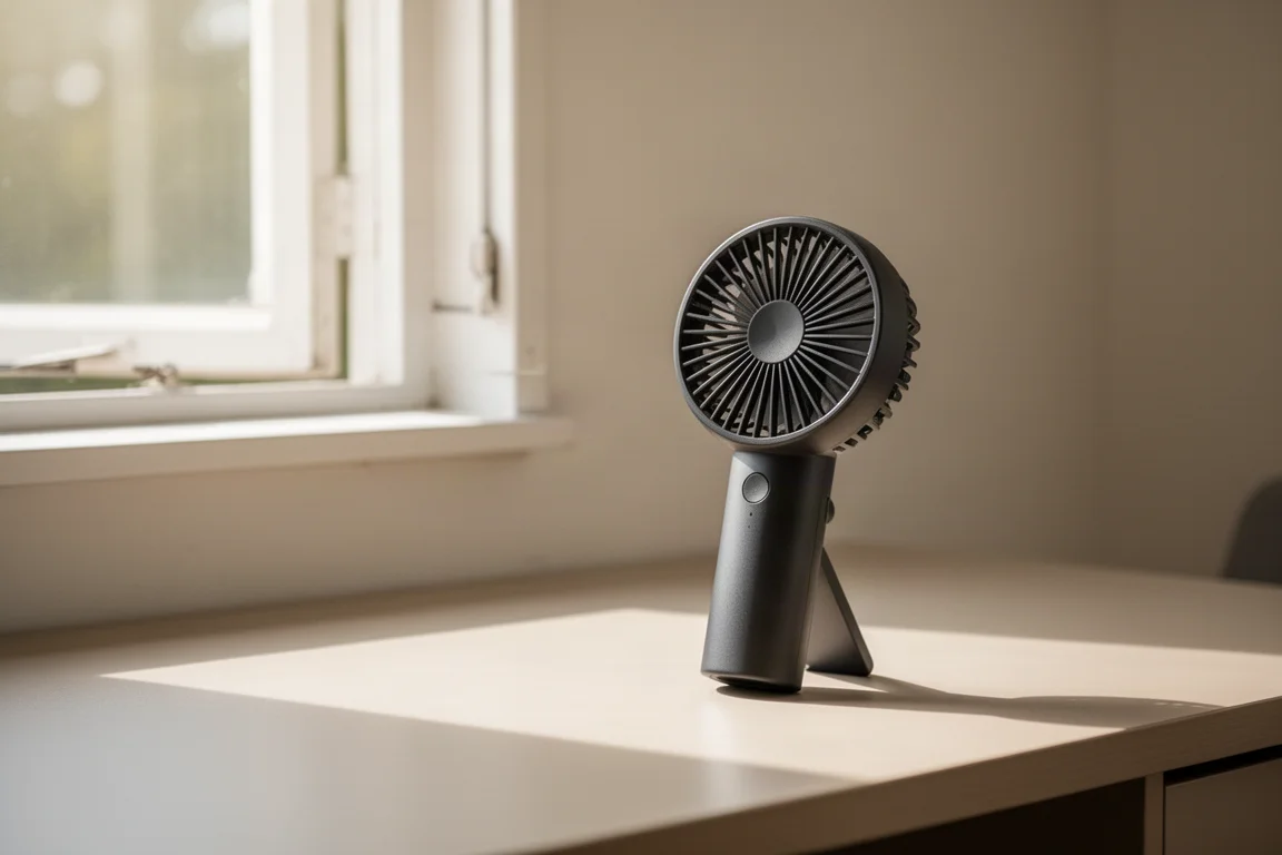 Handgehaltener tragbarer Ventilator liegt bei hellem Tageslicht auf einem Schreibtisch