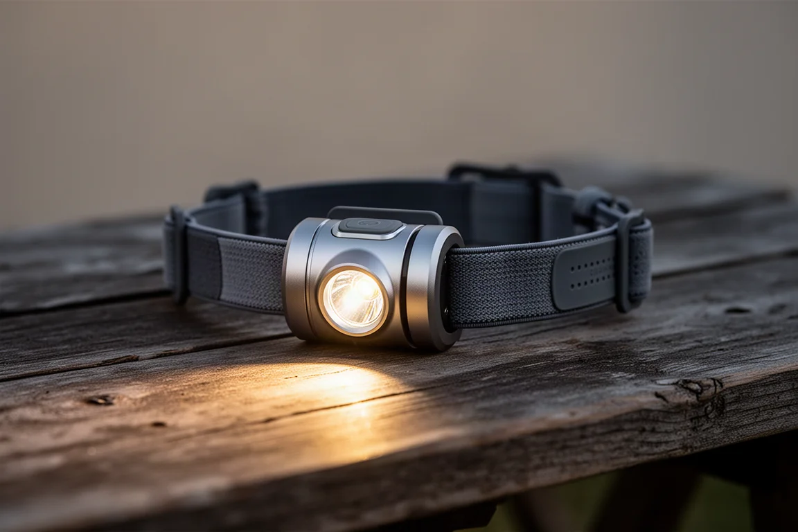 Eloxierte Stirnlampe mit Stirnband liegt in der Dämmerung auf einem Holztisch