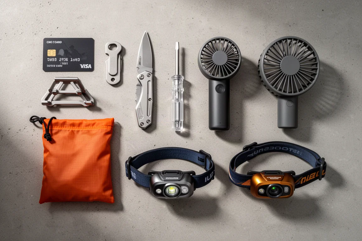 Composizione flat-lay di nove prodotti da everyday carry tra cui un supporto per telefono, un coltello multiuso, un cacciavite, ventole, una tasca e una torcia frontale